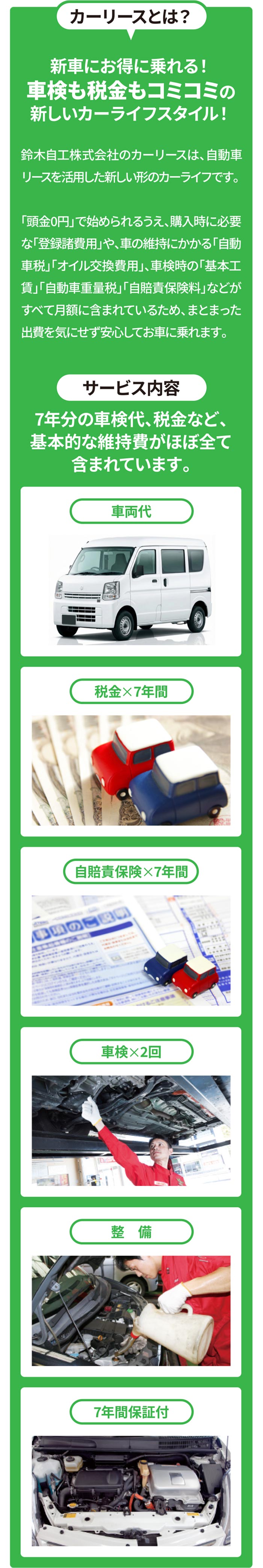 カーリースとは?新車にお得に乗れる!車検も税金もコミコミの新しいカーライフスタイル!鈴木自工株式会社のカーリースは、自動車リースを活用した新しい形のカーライフです。「頭金0円」で始められるうえ、購入時に必要な「登録諸費用」や、車の維持にかかる「自動車税」「オイル交換費用」、車検時の「基本工賃」「自動車重量税」「自賠責保険料」などがすべて月額に含まれているため、まとまった出費を気にせず安心してお車に乗れます。
