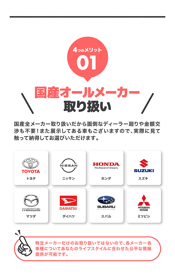 国産オールメーカー取り扱い　国産全オールメーカー取り扱いだから面倒なディーラー廻りや金額交渉も不要！また展示してある車もございますので、実際に見て触って納得してお選びいただけます。